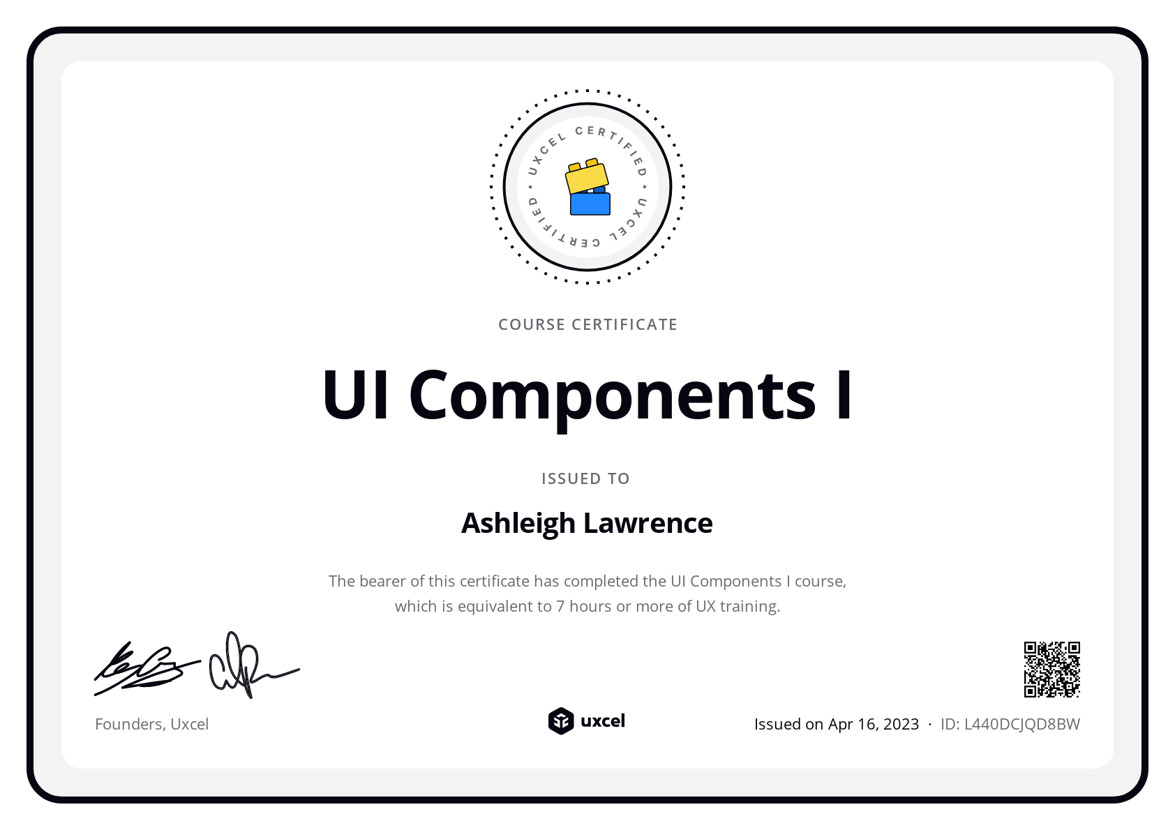 Ashleigh Lawrence's certificate